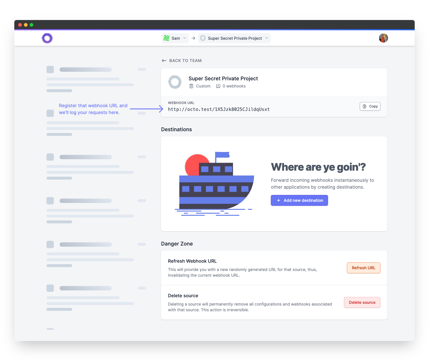 An empty sources page showing the unique URL