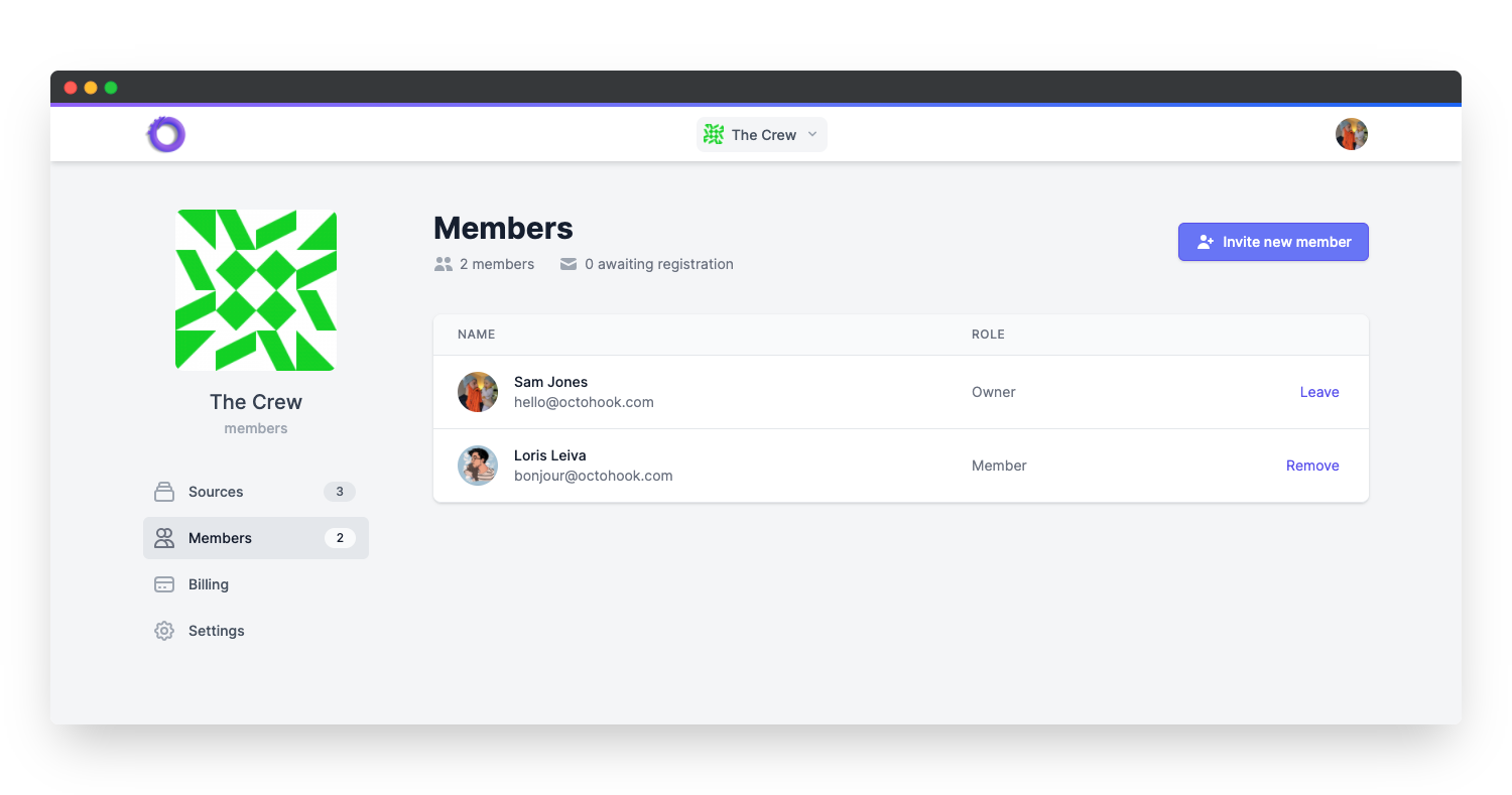 Team member management page, showing two team members